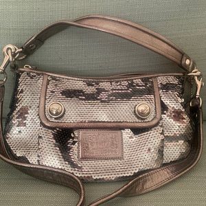 Silver sequin Coach Poppy Crossbody purse